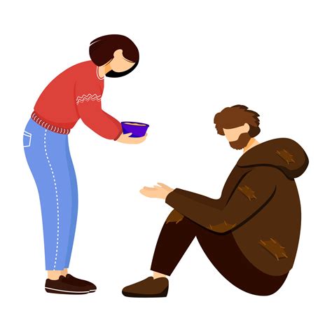 Feeding poor flat vector illustration. Selfless volunteer and homeless ...