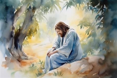 Premium AI Image | A watercolor painting of jesus sitting on a rock