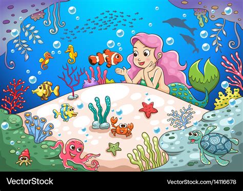 Cute cartoon mermaid underwater world Royalty Free Vector