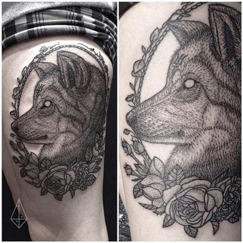 Vintage black ink demonic wolf portrait tattoo on thigh stylized with ...