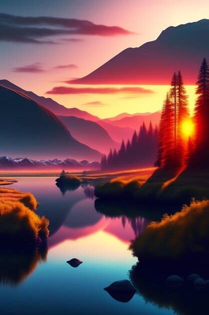 Premium AI Image | A beautiful mountain scene with a sunset in the ...