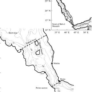 Map of the Strait of Bab el Mandeb and Red Sea (top right). The unit of ...