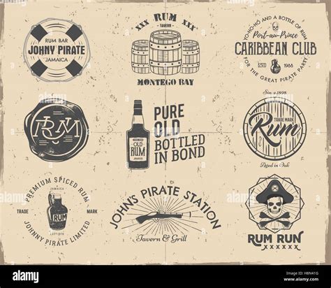 Set of vintage handcrafted pirate and rum emblems, labels, logos ...