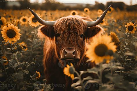 Highland cow face with many various sunflowers. 23377976 Stock Photo at ...