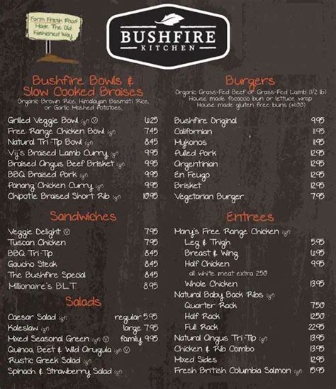 Menu at Bushfire Kitchen - La Costa restaurant, Carlsbad, Via ...