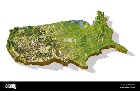 Coterminous United States, 3D relief map cut-out with urban areas and ...