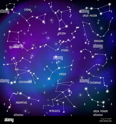 Astronomical celestial sphere constellations night sky stars map purple ...