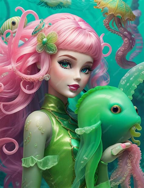 Premium AI Image | barbie doll greenhair mermaid fish jellyfish