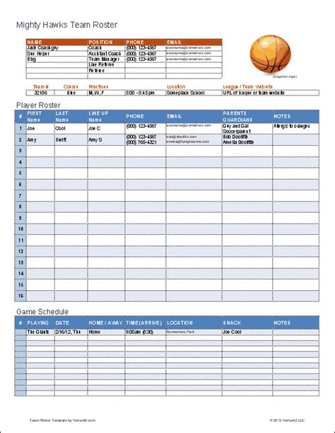 Basketball Team Roster Template for Excel