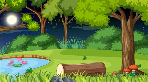 Forest nature scene with pond and many trees at night 2199180 Vector ...