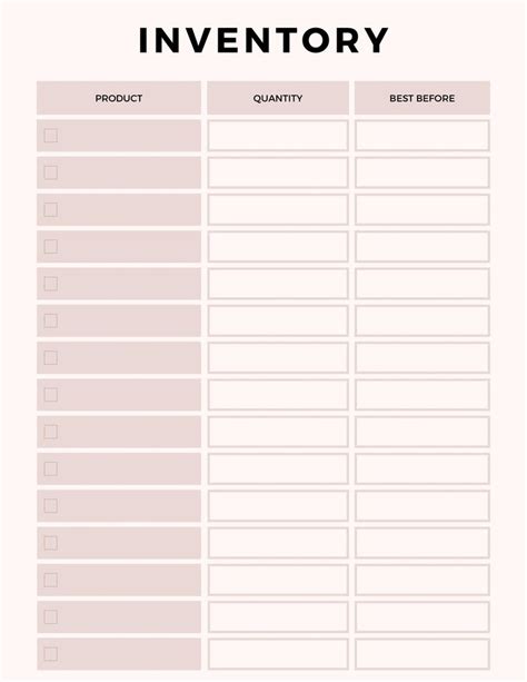 a printable inventory sheet with the words in black and white