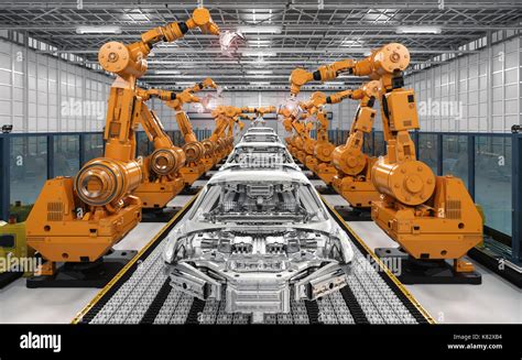 3d rendering robot assembly line in car factory Stock Photo - Alamy