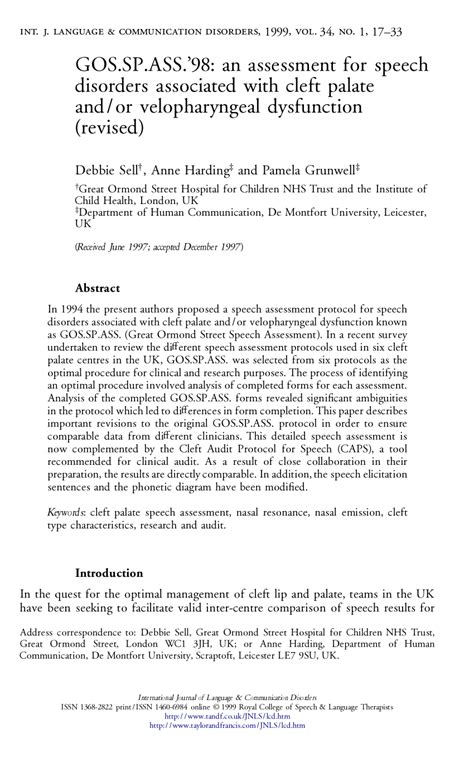 (PDF) A screening assessment of cleft palate speech (Great Ormond ...