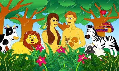 Premium Vector | Adam and eve in the garden of eden with the animals ...