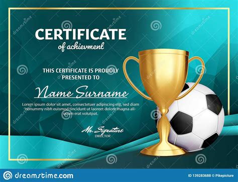 Soccer Certificate Diploma With Golden Cup Vector. Football Regarding ...