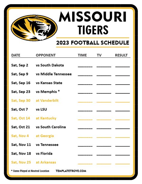 Printable 2023 Missouri Tigers Football Schedule