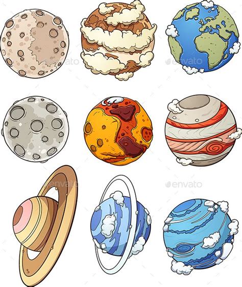 Cartoon planets and Earth’s moon. Vector clip art illustration with ...