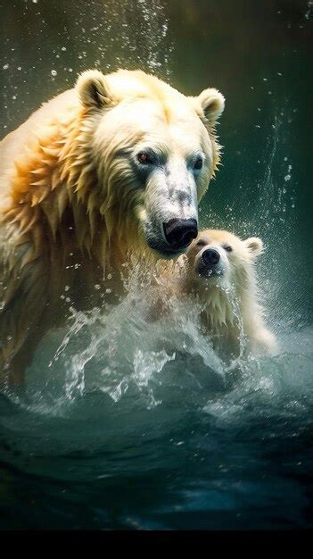 Premium AI Image | a polar bear and her cub are swimming in the water.