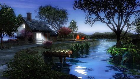 HD wallpaper: house, nature, waterway, sky, tree, home, evening ...