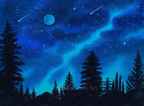 Stars and Moon Painting in Watercolor Giclee' Print | Etsy