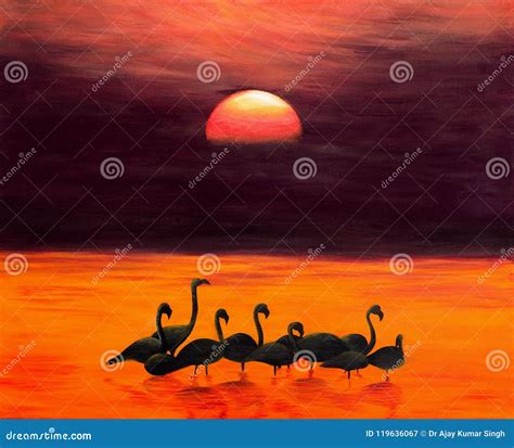 Greater Flamingos at Sunrise, Acrylic Painting Stock Illustration ...