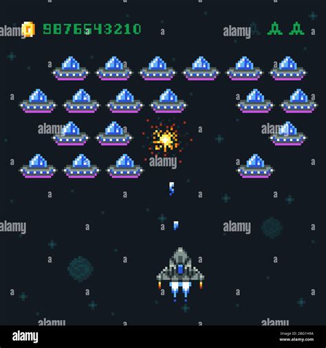 Retro arcade game screen with pixel invaders and spaceship. Space war ...