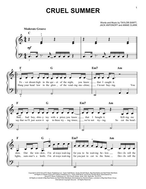 Cruel Summer by Taylor Swift Sheet Music for Easy Piano at Sheet Music ...