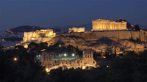 Mountains cityscapes night Greece historic Athens Acropolis Parthenon ...