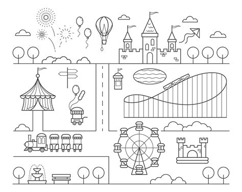 Amusement park map. Circus, ferris wheel rollercoaster and attractions ...