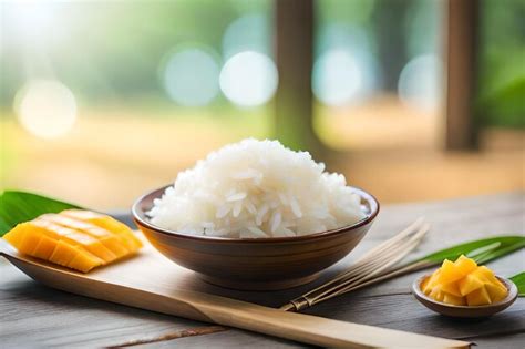 Premium AI Image | rice and chopsticks on a wooden table with ...