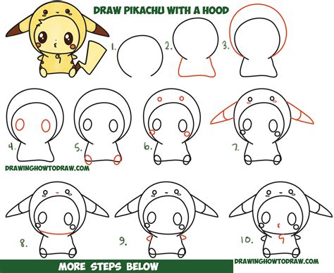 How To Draw Cute Pikachu With Costume Hood From Pokemon Kawaii Chibi ...