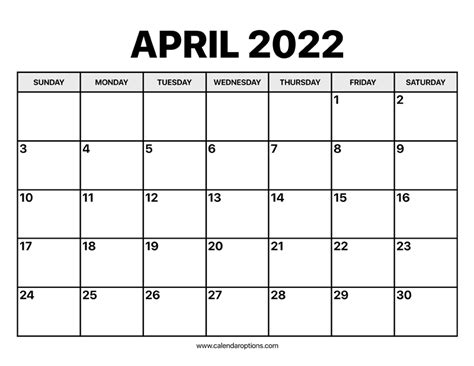 April Calendar 2022 – Calendar Options