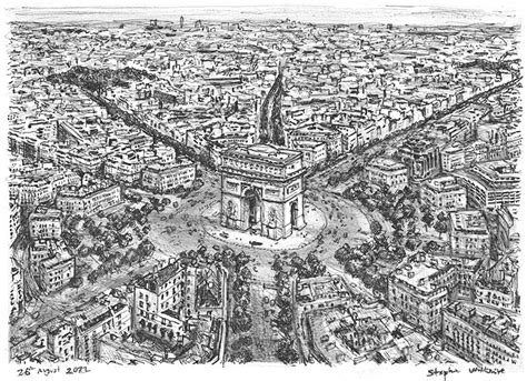 Original Drawing of Aerial view of Arc de Triomphe