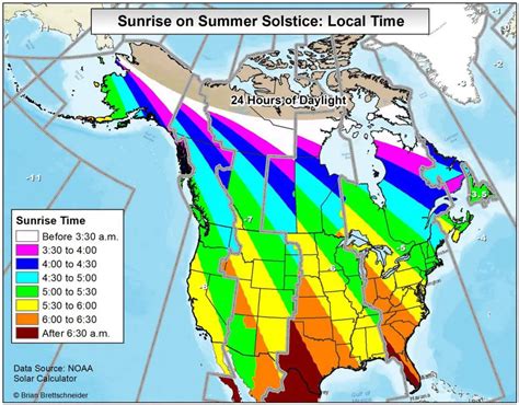 Sunrise time, sunset time, and hours of daylight on the summer solstice ...