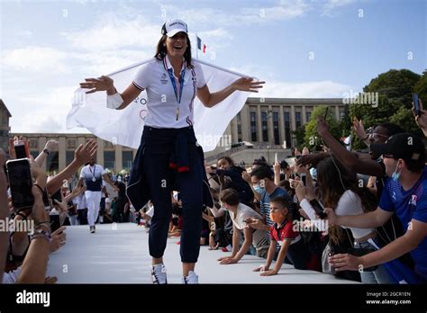 French women Basketball team arrives on stage, in front of the Eiffel ...