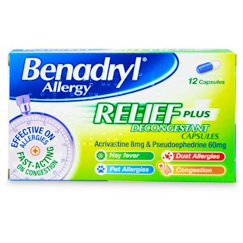 Benadryl Plus Allergy Relief Capsules 12 Capsules | medino