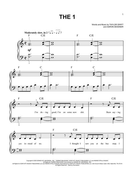 the 1 Sheet Music | Taylor Swift | Easy Piano