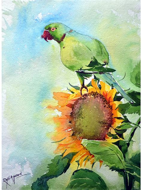 Parrot On Sunflower | Watercolor on Paper | By Rajib Agarwal | Exotic ...