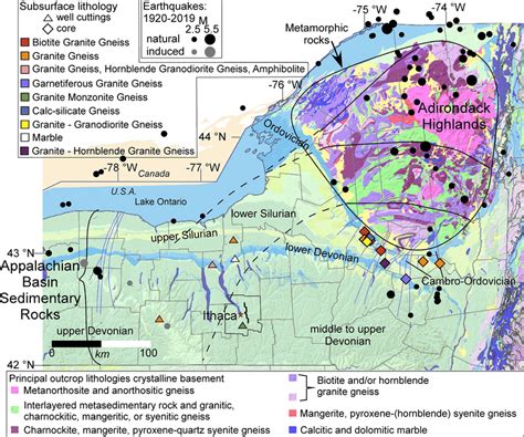 Map of geology and historical earthquakes in New York State. Geological ...