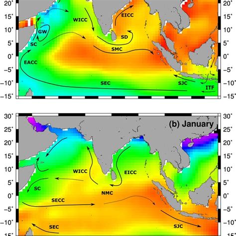 (a, b) Monthly mean sea surface temperature in the Indian Ocean (Smith ...