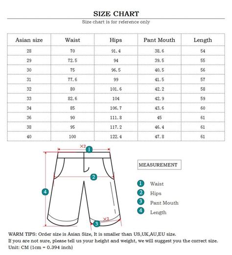 Shorts Size Chart Men