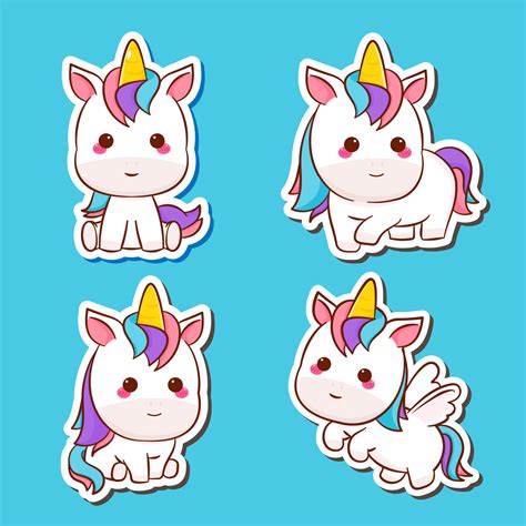 Set Cute unicorn sticker. Cute kawaii unicorn cartoon character ...