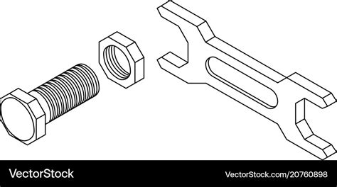 Bolt with nut and spanner outline drawing Vector Image