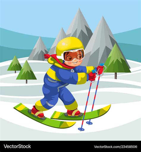 Cartoon little boy skiing on snowy hills Vector Image