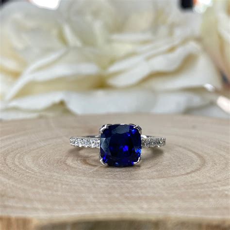 Blue Sapphire Ring Cushion Cut 14K White Gold for Women, Blue Sapphire ...