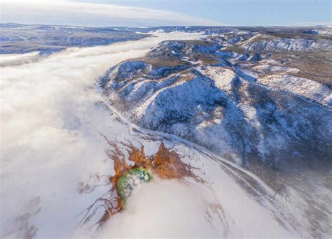 Aerial view of Grand Prismatic Spring, Yellowstone National Park, USA ...