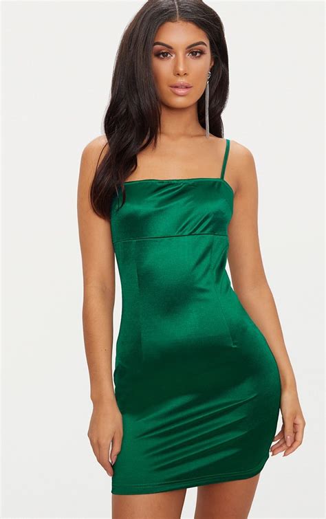 Emerald Green Straight Neck Strappy Satin Bodycon Dress | Satin bodycon ...