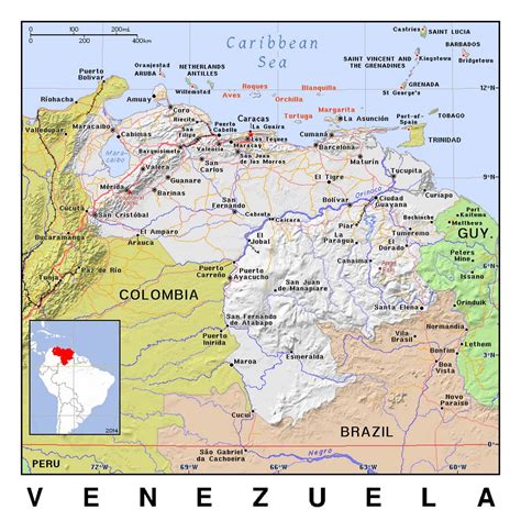 Detailed political map of Venezuela with relief | Venezuela | South ...