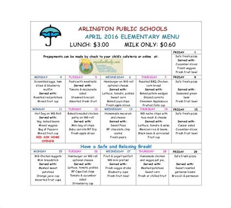 Template For School Lunch Menu | printable schedule template