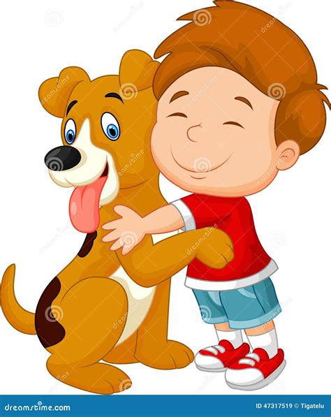 Happy Cartoon Young Boy Lovingly Hugging His Pet Dog Stock Vector ...